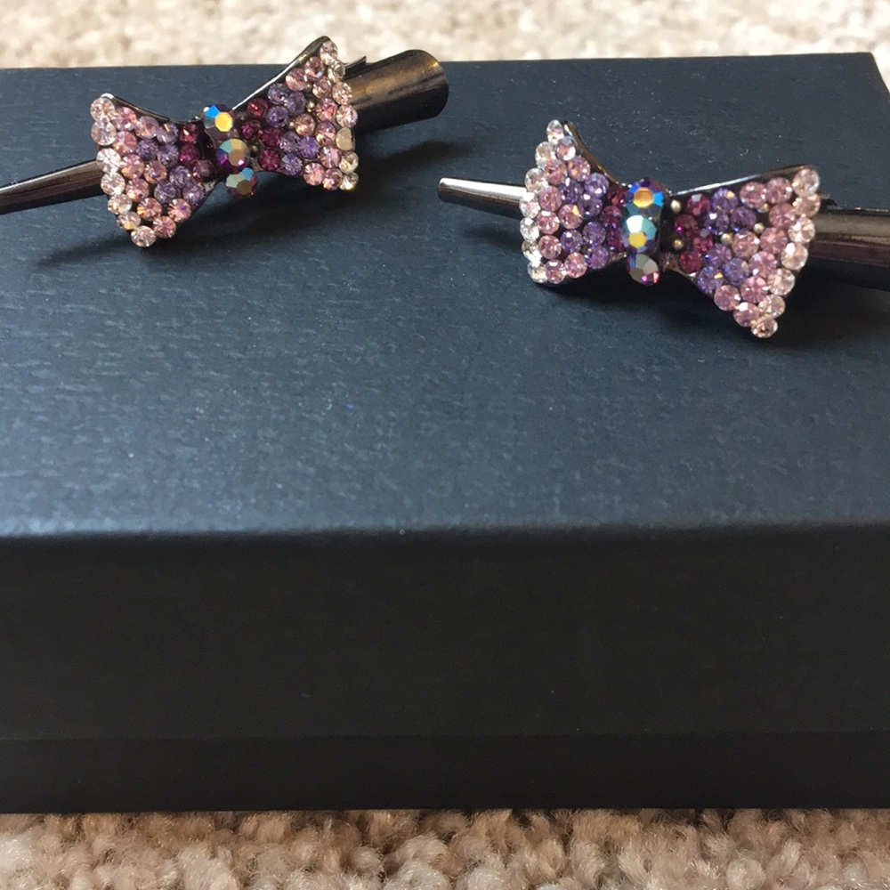 Purple Rhinestone Bow Hair Clips